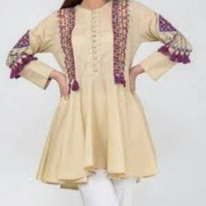 Khaadi Tan Beige Floral Tiered Ruffled Bell Embroidered Tunic Blouse Kurta